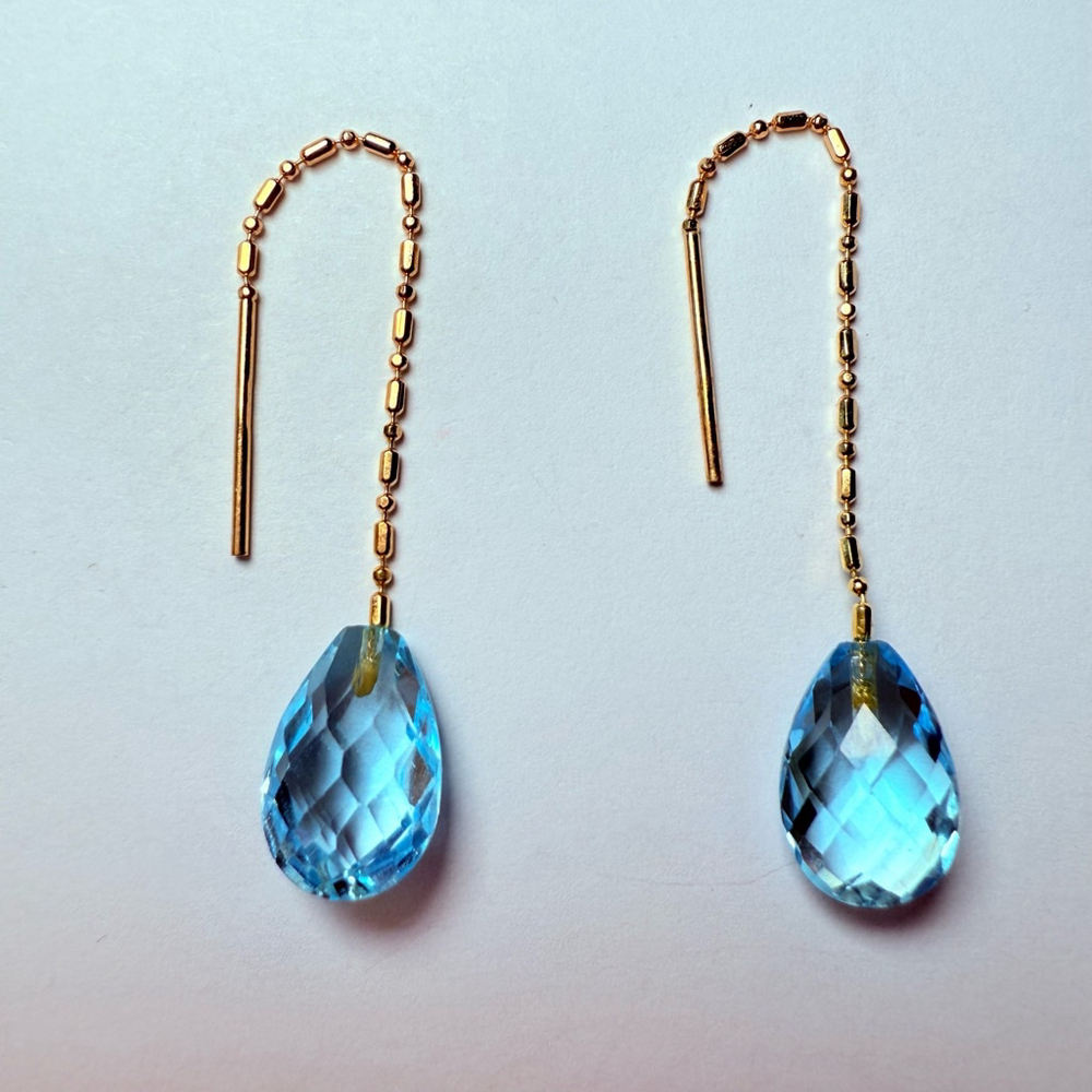 14K Yellow Gold 7 CTW Swiss Blue Topaz Faceted Pear Dangle Threader Earrings - Picture 2 of 7